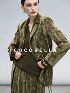COCOBELLA Retro Green Chinese Tie Detail 3D Embellished Mid Waist Pleated Midi Skirts