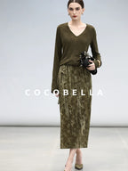 COCOBELLA Retro Green Chinese Tie Detail 3D Embellished Mid Waist Pleated Midi Skirts