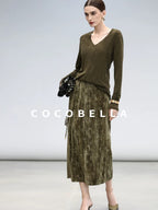 COCOBELLA Retro Green Chinese Tie Detail 3D Embellished Mid Waist Pleated Midi Skirts