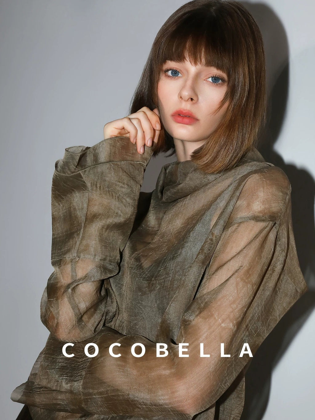 COCOBELLA Retro Office Pleated High Neck Loose Fit Long Sleeve Printed Women T-Shirts
