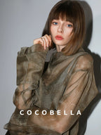 COCOBELLA Retro Office Pleated High Neck Loose Fit Long Sleeve Printed Women T-Shirts