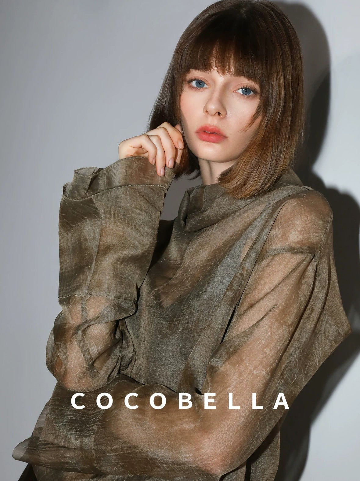 COCOBELLA Retro Office Pleated High Neck Loose Fit Long Sleeve Printed Women T-Shirts