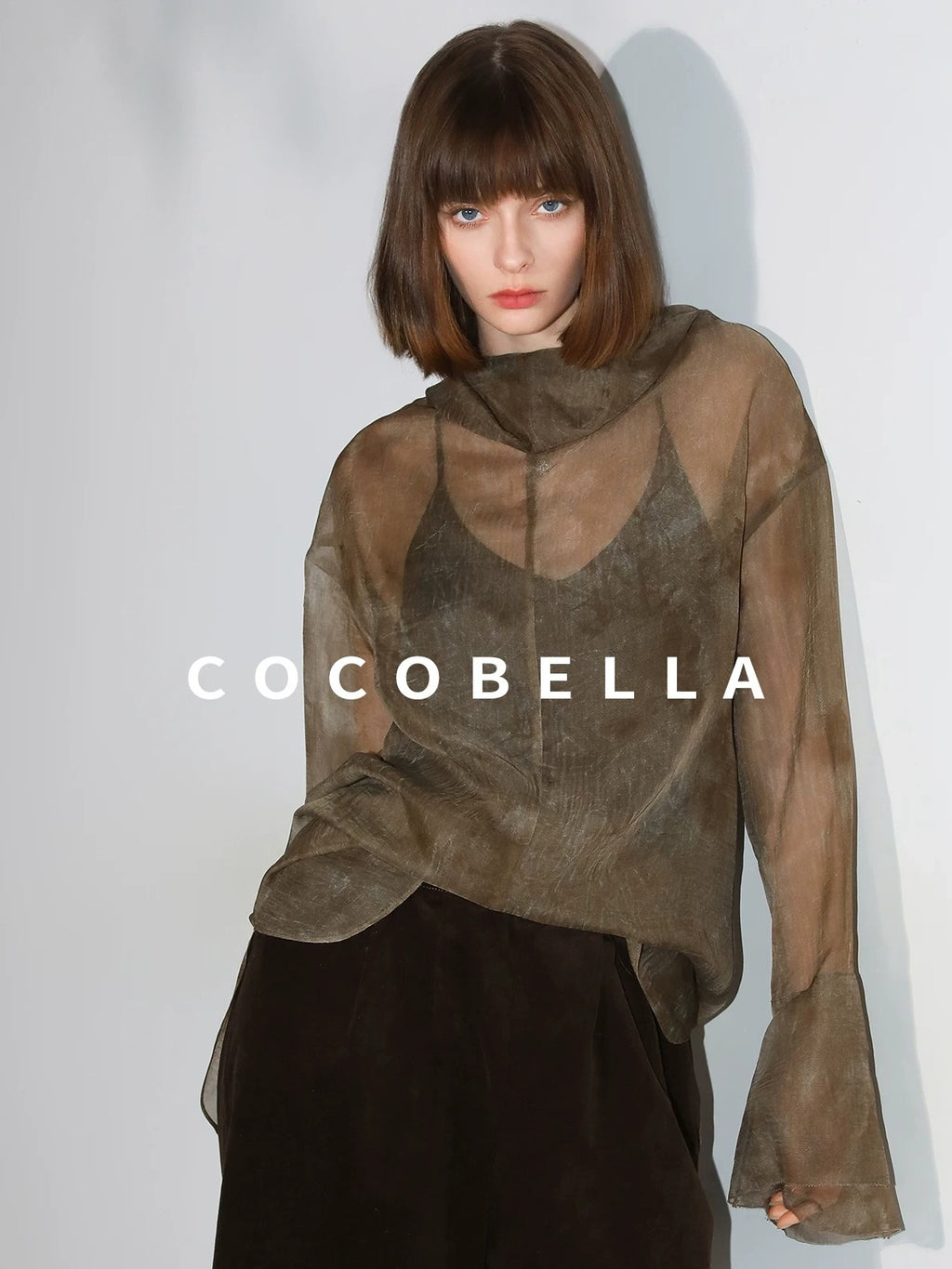 COCOBELLA Retro Office Pleated High Neck Loose Fit Long Sleeve Printed Women T-Shirts