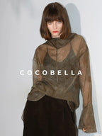 COCOBELLA Retro Office Pleated High Neck Loose Fit Long Sleeve Printed Women T-Shirts