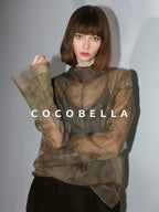 COCOBELLA Retro Office Pleated High Neck Loose Fit Long Sleeve Printed Women T-Shirts