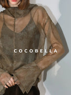 COCOBELLA Retro Office Pleated High Neck Loose Fit Long Sleeve Printed Women T-Shirts