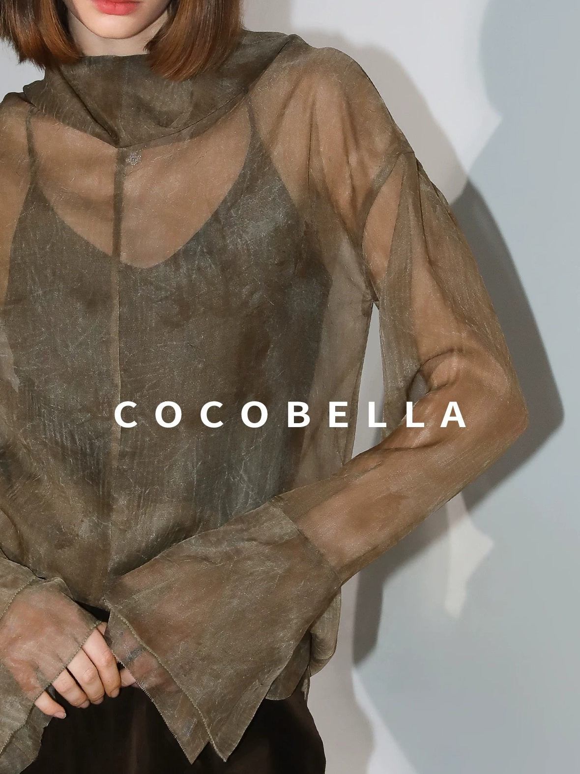 COCOBELLA Retro Office Pleated High Neck Loose Fit Long Sleeve Printed Women T-Shirts