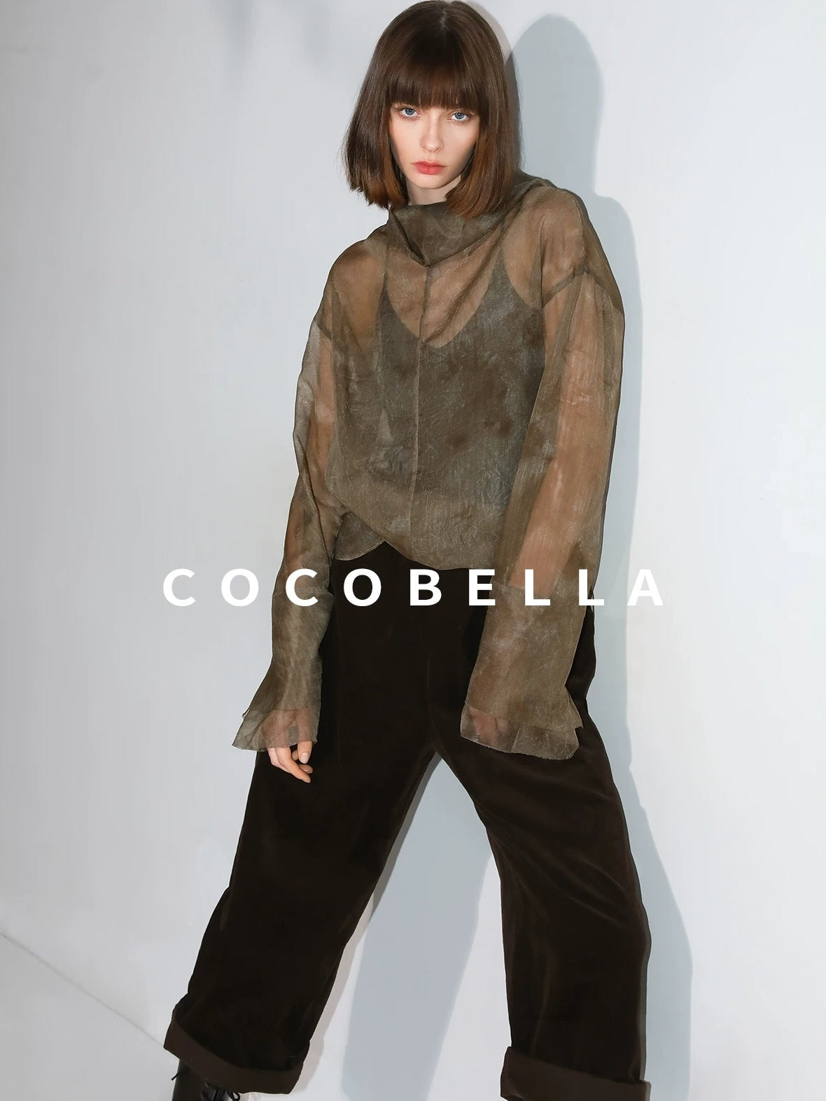 COCOBELLA Retro Office Pleated High Neck Loose Fit Long Sleeve Printed Women T-Shirts