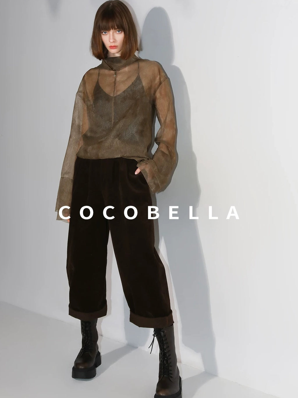 COCOBELLA Retro Office Pleated High Neck Loose Fit Long Sleeve Printed Women T-Shirts