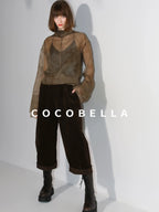 COCOBELLA Retro Office Pleated High Neck Loose Fit Long Sleeve Printed Women T-Shirts