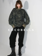 COCOBELLA Retro Office Pleated High Neck Loose Fit Long Sleeve Printed Women T-Shirts