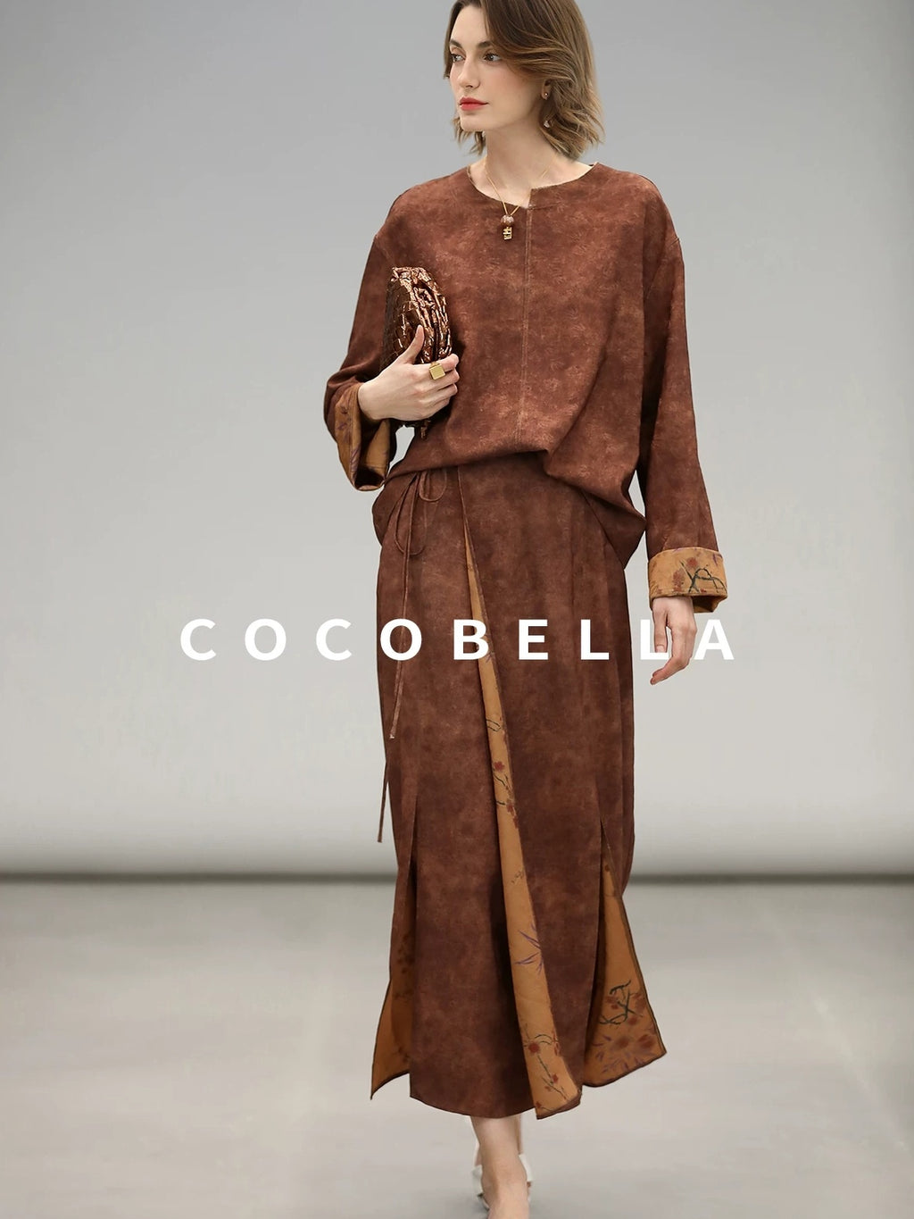 COCOBELLA Reversible Tea Gold Loose Asymmetrical Jacquard Women Long Sleeve Shirts