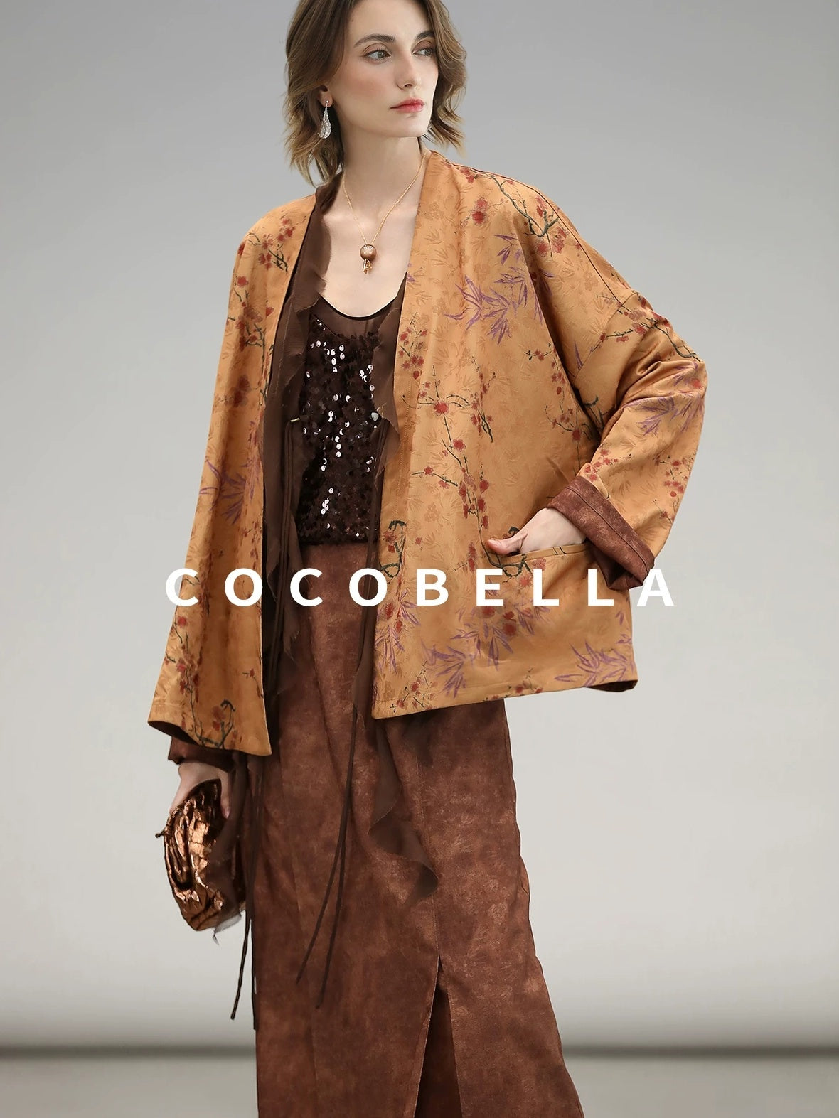COCOBELLA Reversible Tea Gold Loose Asymmetrical Jacquard Women Long Sleeve Shirts
