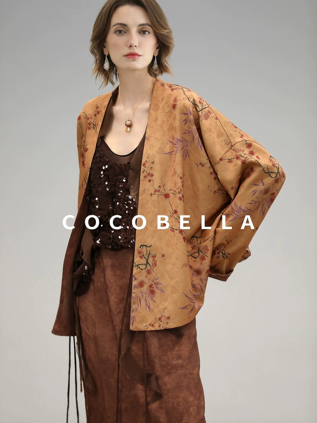 COCOBELLA Reversible Tea Gold Loose Asymmetrical Jacquard Women Long Sleeve Shirts