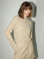 COCOBELLA Ruched Lace French Slim Half High Neck Long Sleeve Nylon Stretch Women T-Shirts
