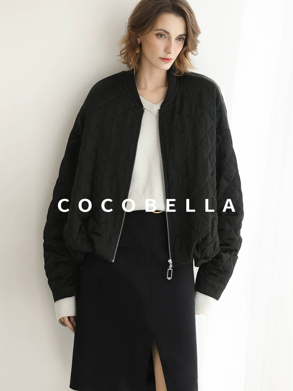 COCOBELLA Ruched Pocket Short Straight Fit Street Sporty Black Zip Front Padded Jackets