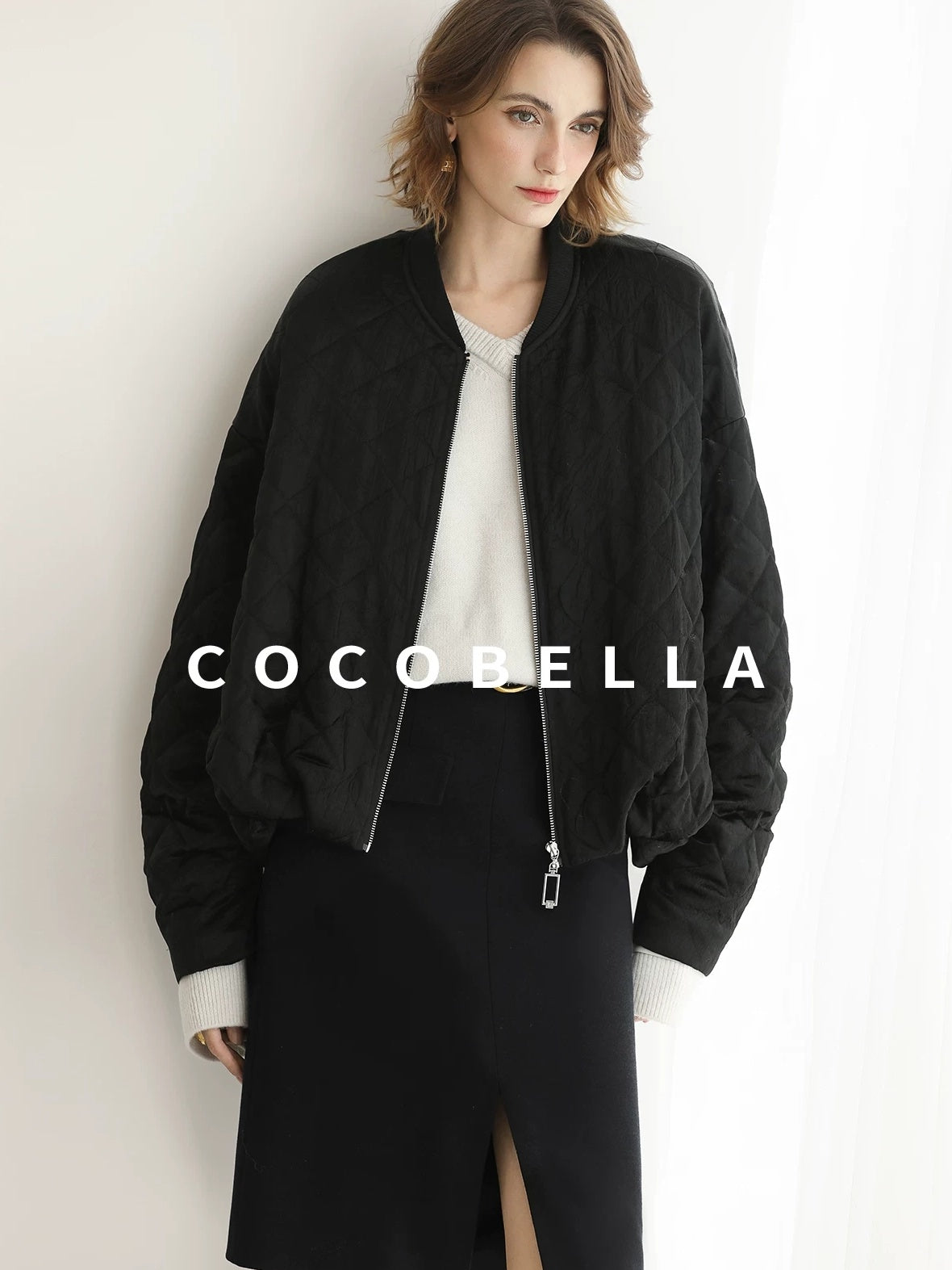 COCOBELLA Ruched Pocket Short Straight Fit Street Sporty Black Zip Front Padded Jackets