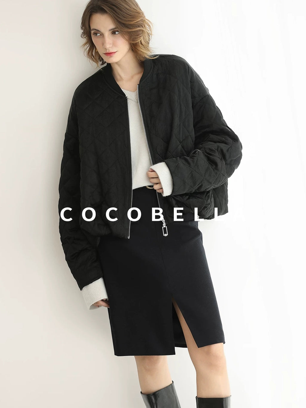 COCOBELLA Ruched Pocket Short Straight Fit Street Sporty Black Zip Front Padded Jackets