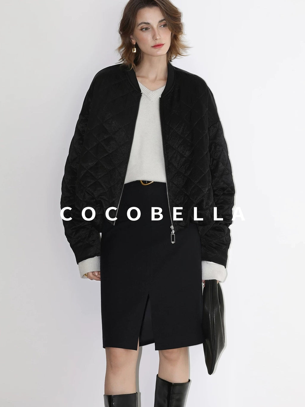 COCOBELLA Ruched Pocket Short Straight Fit Street Sporty Black Zip Front Padded Jackets