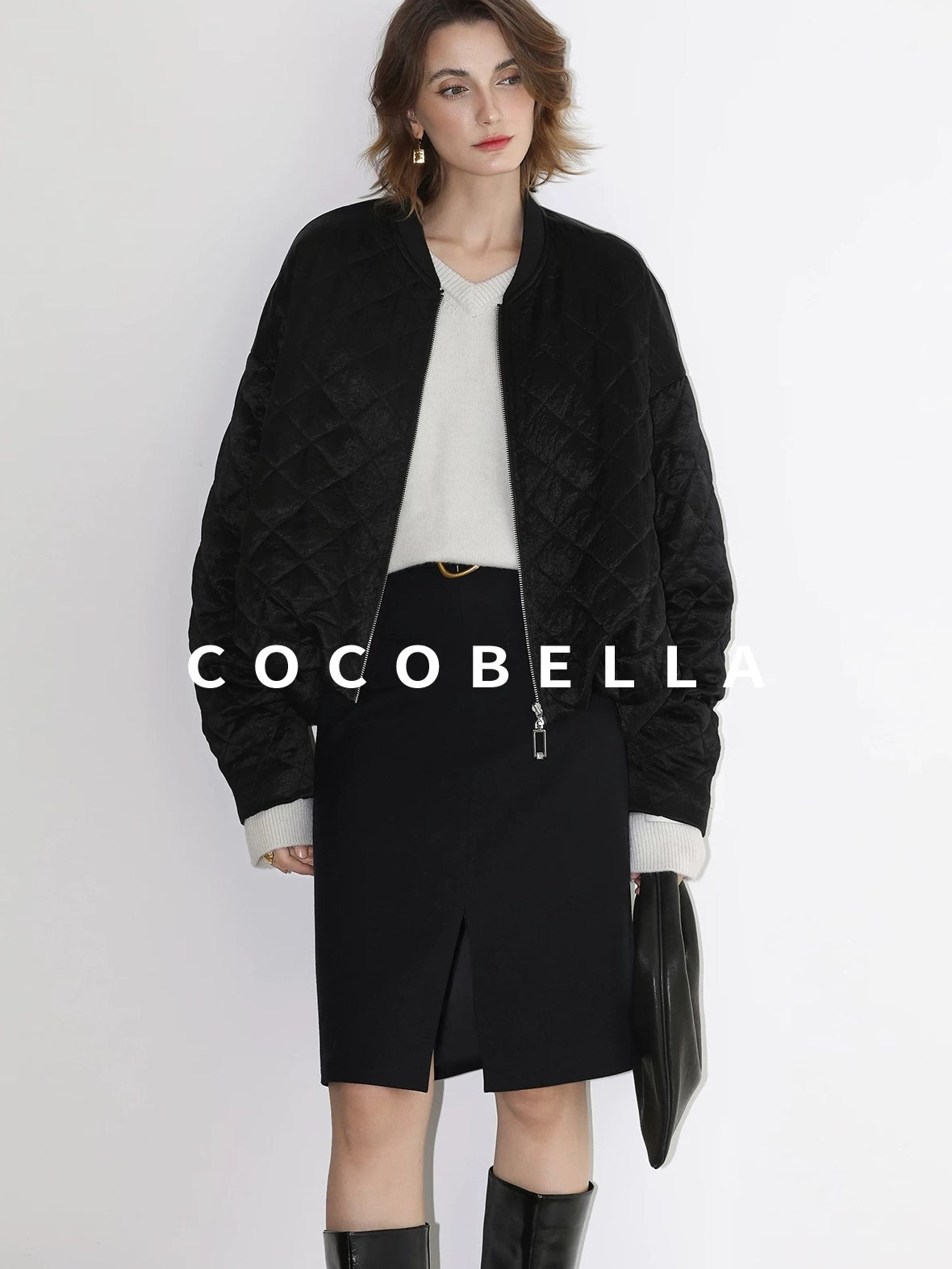 COCOBELLA Ruched Pocket Short Straight Fit Street Sporty Black Zip Front Padded Jackets