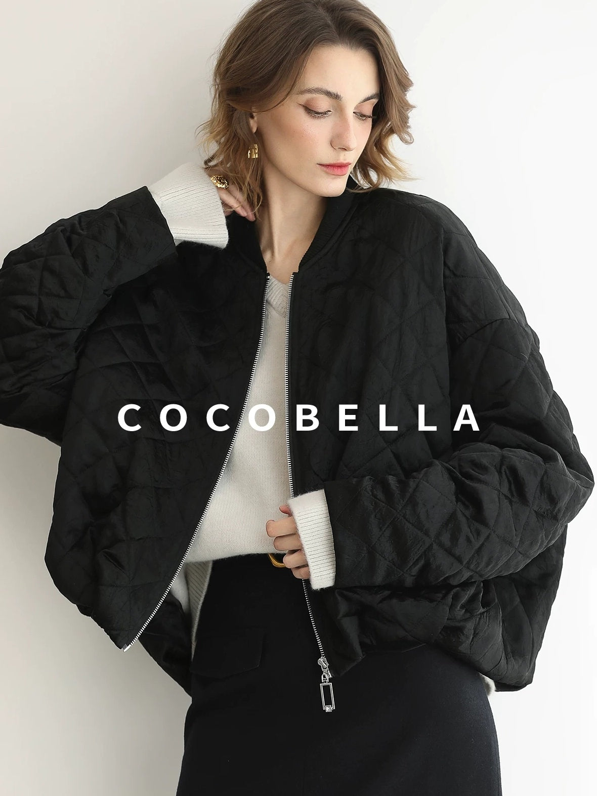 COCOBELLA Ruched Pocket Short Straight Fit Street Sporty Black Zip Front Padded Jackets