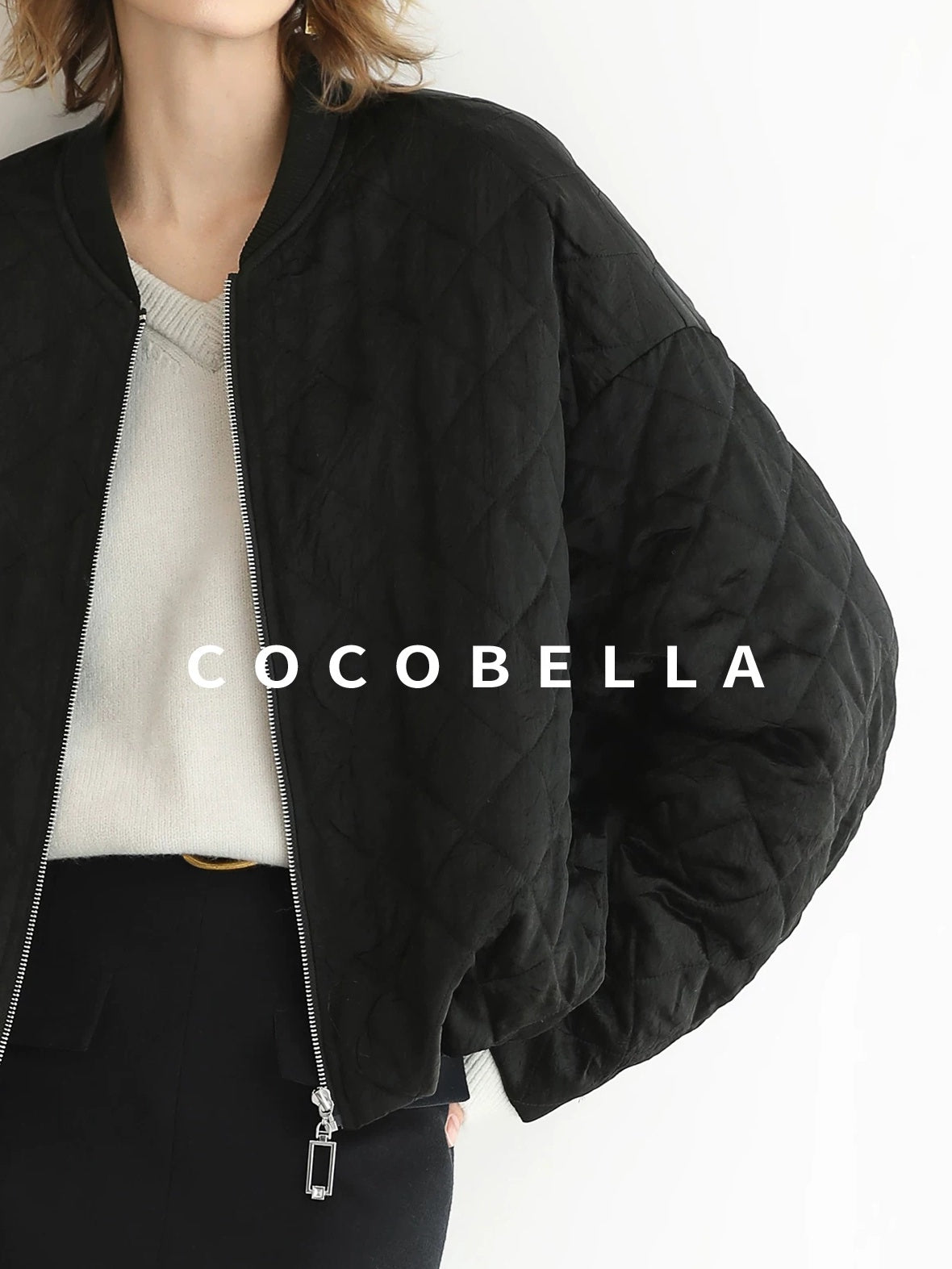 COCOBELLA Ruched Pocket Short Straight Fit Street Sporty Black Zip Front Padded Jackets