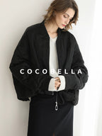 COCOBELLA Ruched Pocket Short Straight Fit Street Sporty Black Zip Front Padded Jackets
