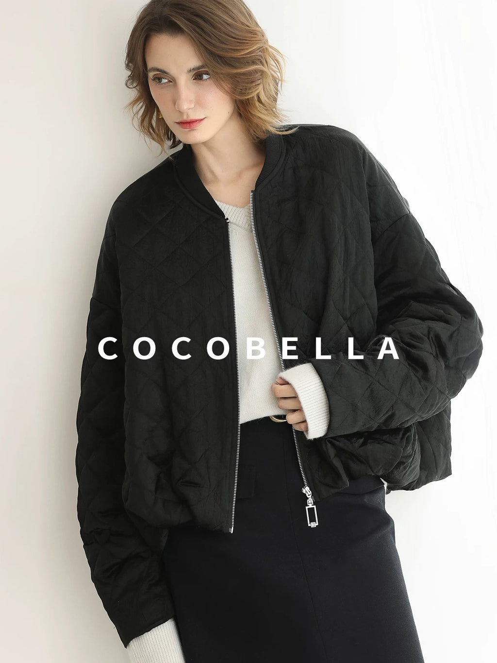 COCOBELLA Ruched Pocket Short Straight Fit Street Sporty Black Zip Front Padded Jackets