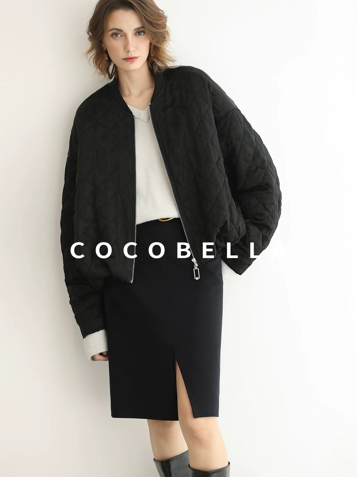 COCOBELLA Ruched Pocket Short Straight Fit Street Sporty Black Zip Front Padded Jackets