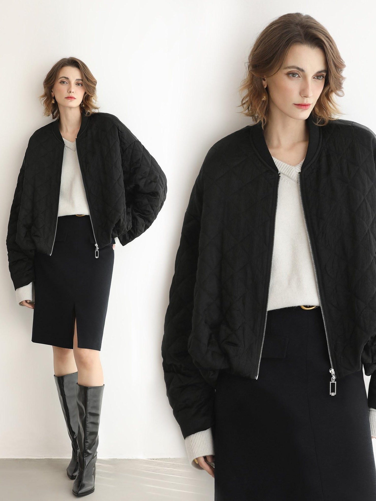 COCOBELLA Ruched Pocket Short Straight Fit Street Sporty Black Zip Front Padded Jackets