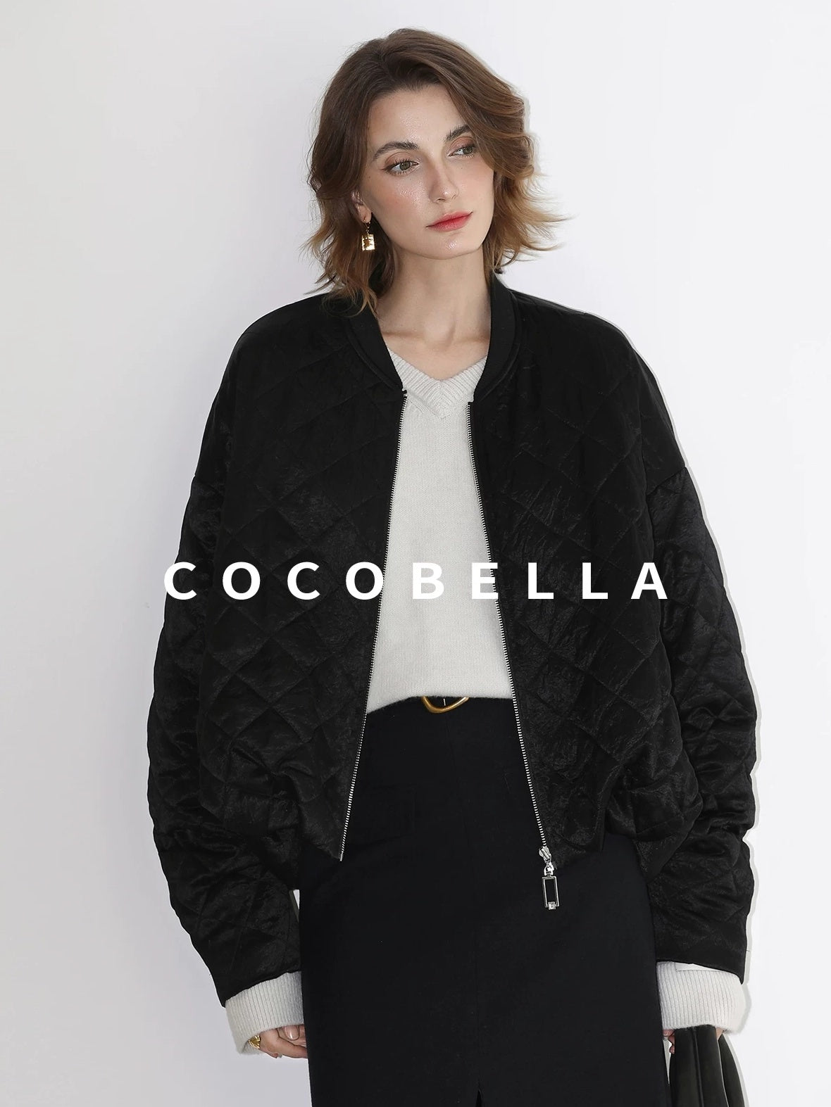 COCOBELLA Ruched Pocket Short Straight Fit Street Sporty Black Zip Front Padded Jackets