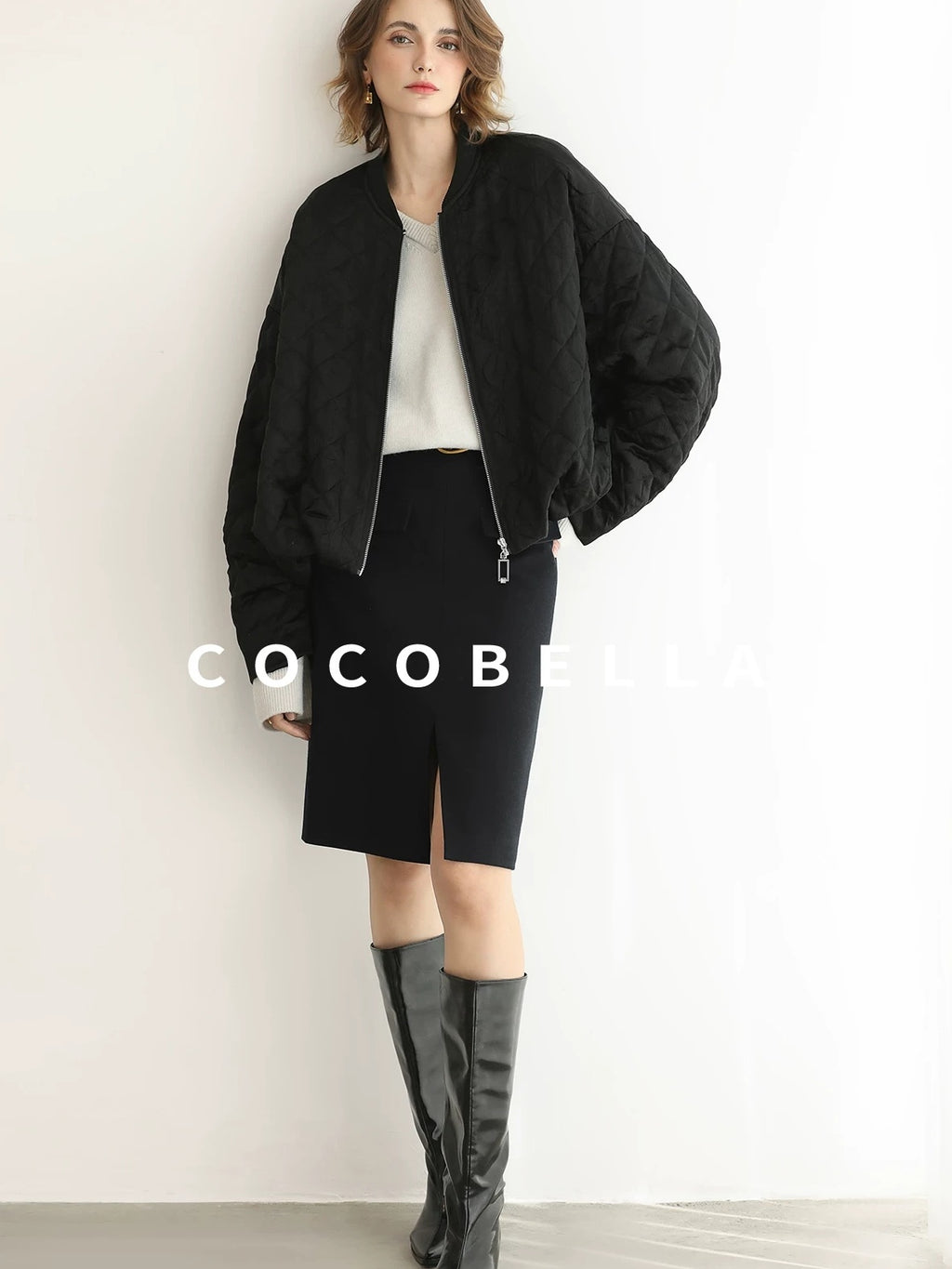 COCOBELLA Ruched Pocket Short Straight Fit Street Sporty Black Zip Front Padded Jackets