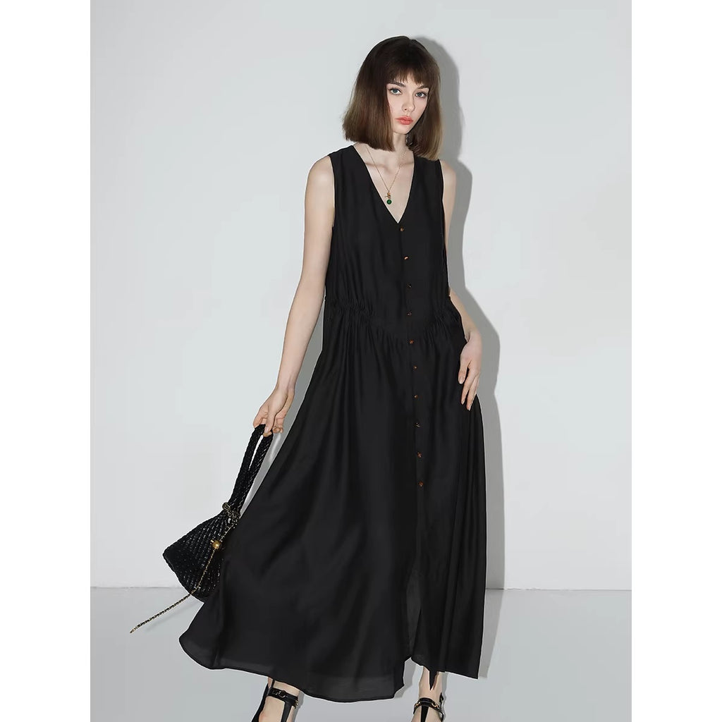 COCOBELLA_Ruched_V_Neck_Sleeveless_Adjustable_Waist_Flared_A_Line_Work_Travel_Dresses_MISSTT