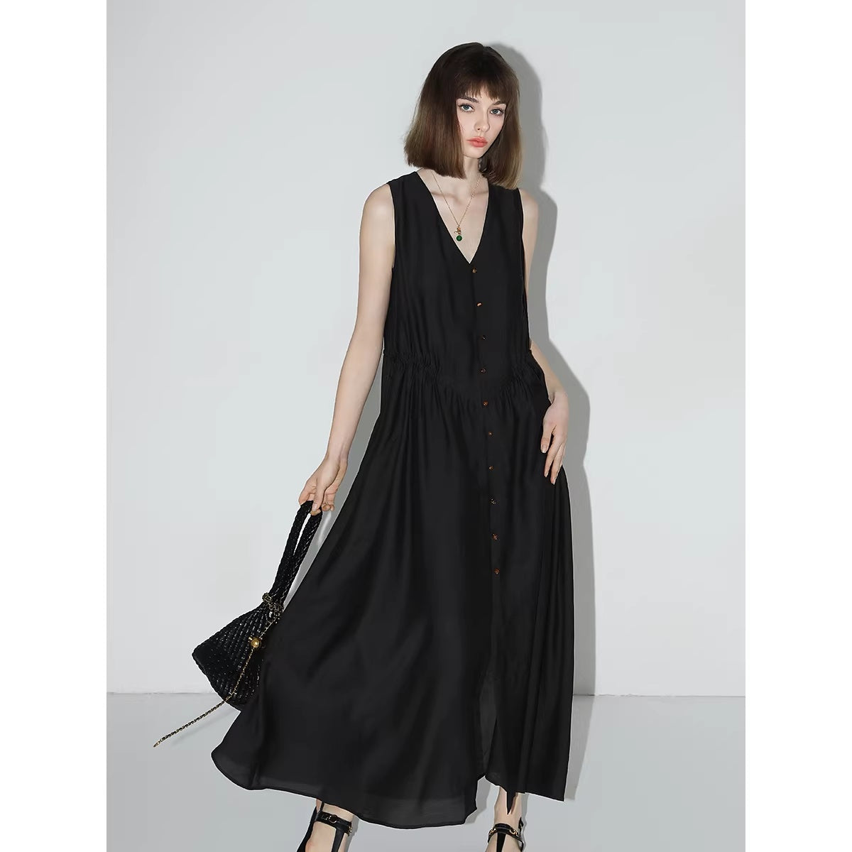 COCOBELLA_Ruched_V_Neck_Sleeveless_Adjustable_Waist_Flared_A_Line_Work_Travel_Dresses_MISSTT