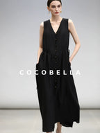 COCOBELLA Ruched V Neck Sleeveless Adjustable Waist Flared A Line Work Travel Dresses