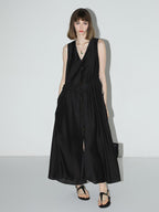 COCOBELLA Ruched V Neck Sleeveless Adjustable Waist Flared A Line Work Travel Dresses
