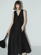 COCOBELLA Ruched V Neck Sleeveless Adjustable Waist Flared A Line Work Travel Dresses