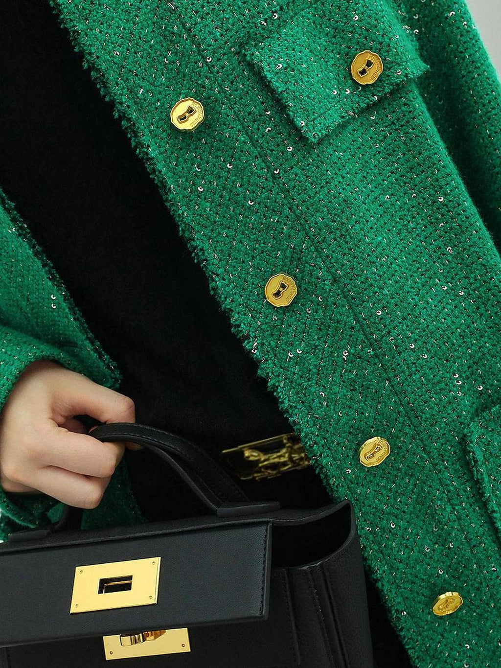 COCOBELLA Sequin Button Single Breasted Office Women Green Polyester Coat Jackets