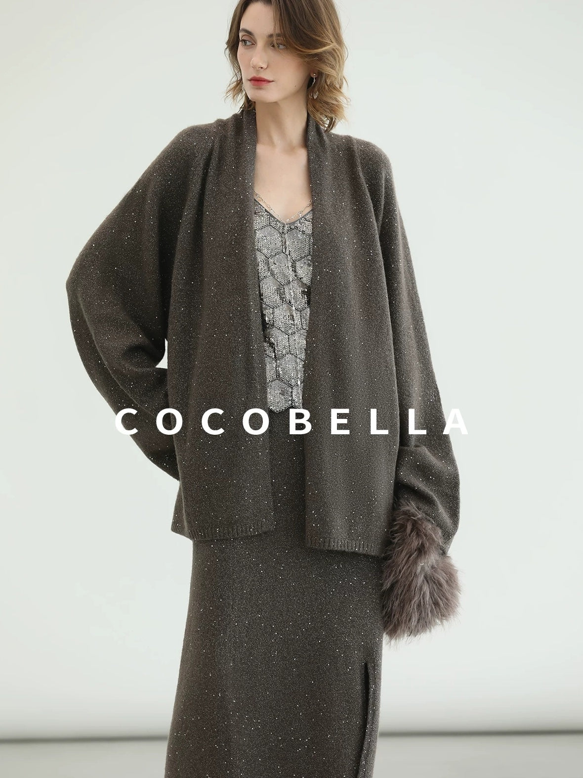 COCOBELLA Sequin Embellished Loose Fit Commuter Open Front Women Knit Pullover Sweater