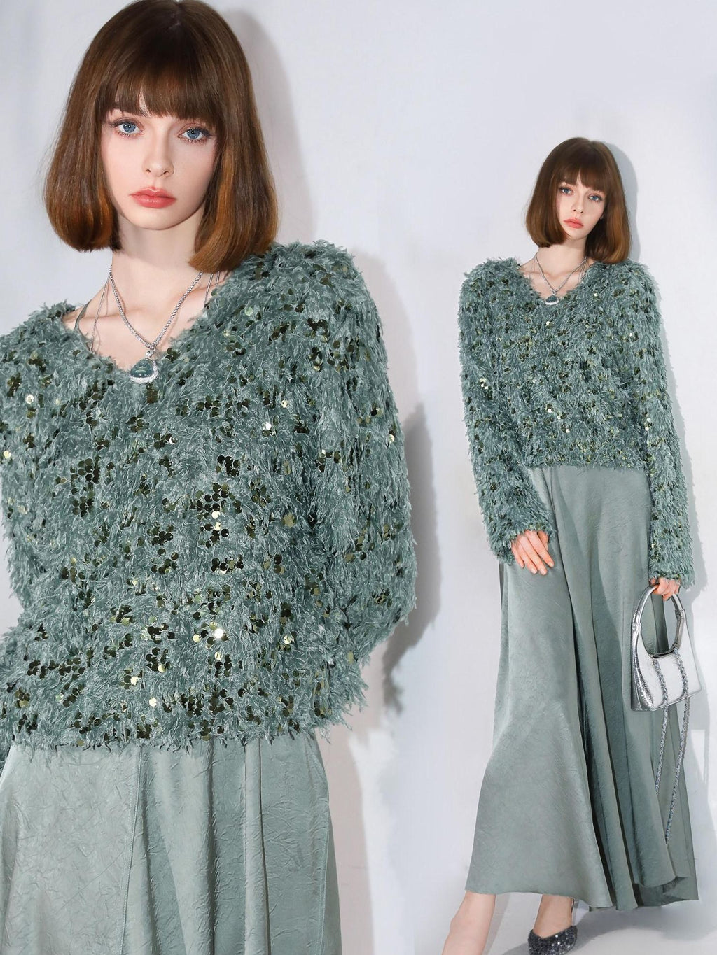 COCOBELLA Sequin Feather Tulle Tweed Inspired Straight Fit V Neck Long Sleeve Teal Shirts