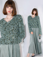 COCOBELLA Sequin Feather Tulle Tweed Inspired Straight Fit V Neck Long Sleeve Teal Shirts