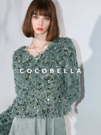 COCOBELLA Sequin Feather Tulle Tweed Inspired Straight Fit V Neck Long Sleeve Teal Shirts