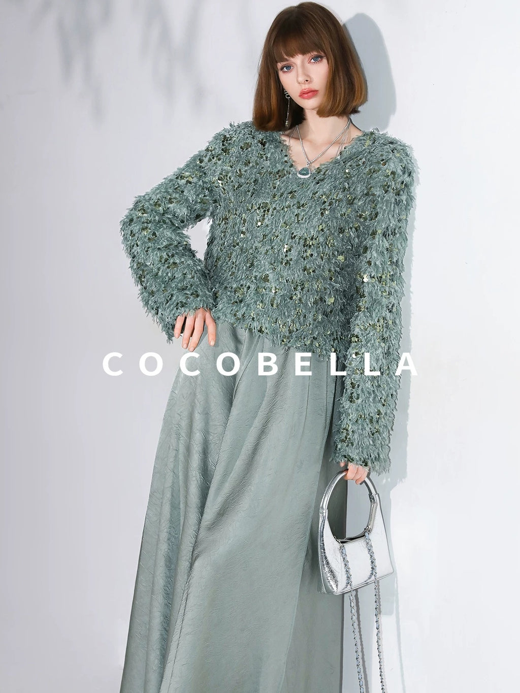COCOBELLA Sequin Feather Tulle Tweed Inspired Straight Fit V Neck Long Sleeve Teal Shirts