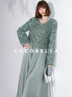 COCOBELLA Sequin Feather Tulle Tweed Inspired Straight Fit V Neck Long Sleeve Teal Shirts