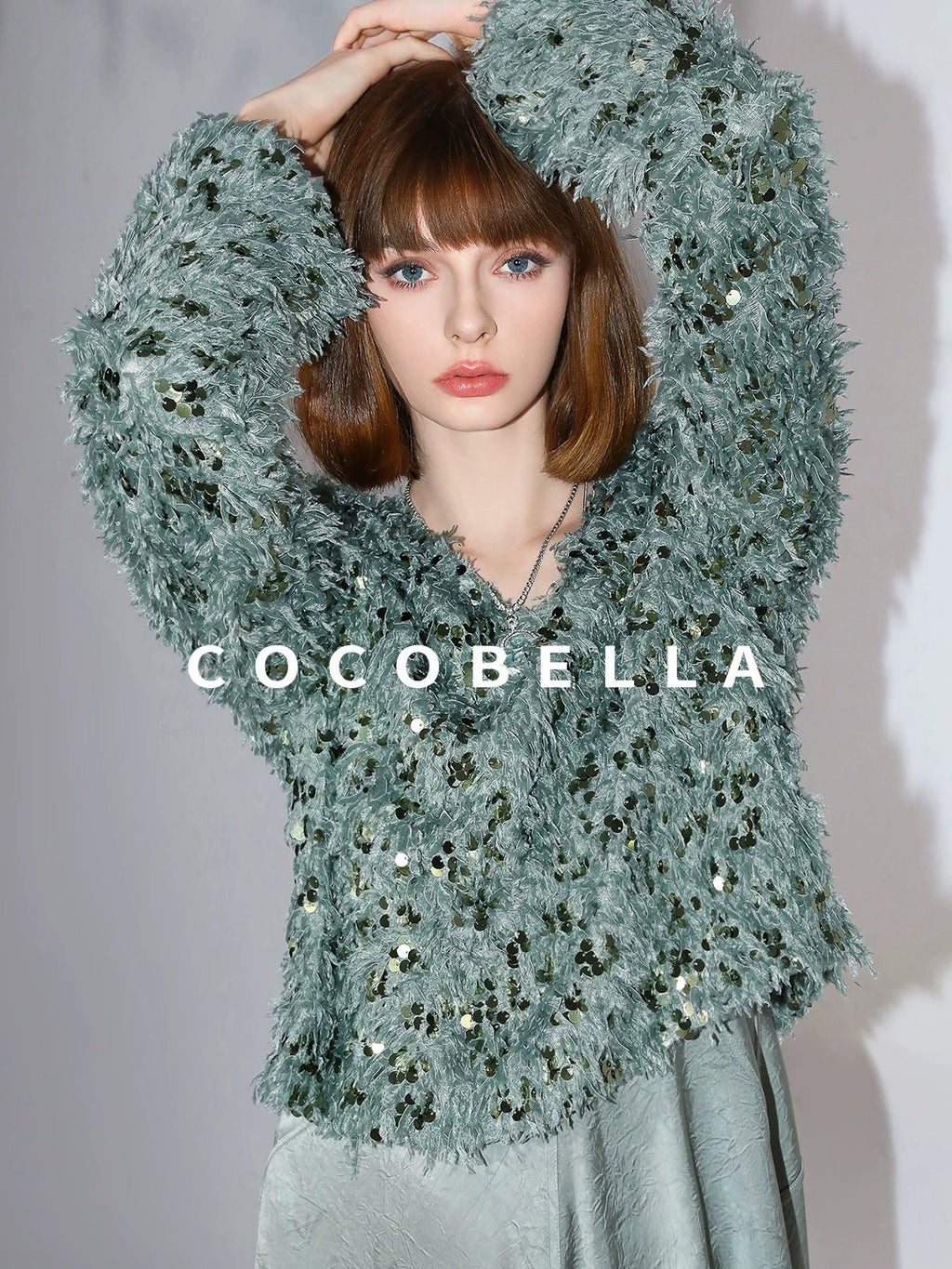 COCOBELLA Sequin Feather Tulle Tweed Inspired Straight Fit V Neck Long Sleeve Teal Shirts