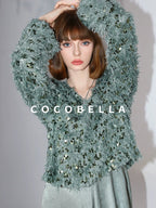 COCOBELLA Sequin Feather Tulle Tweed Inspired Straight Fit V Neck Long Sleeve Teal Shirts