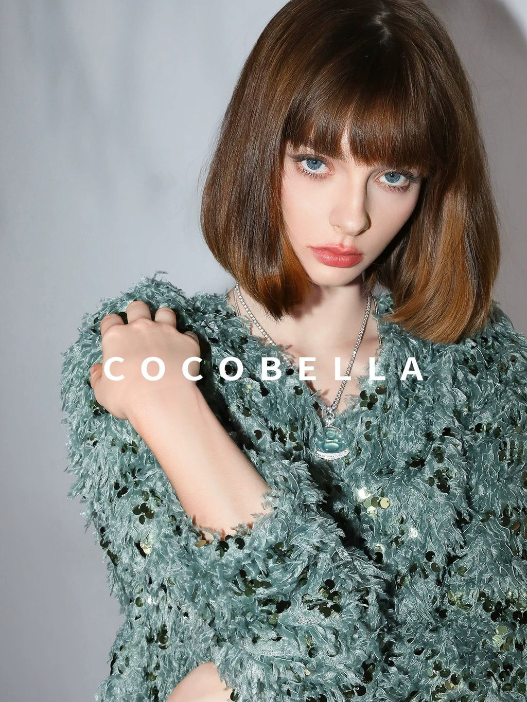 COCOBELLA Sequin Feather Tulle Tweed Inspired Straight Fit V Neck Long Sleeve Teal Shirts