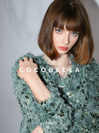 COCOBELLA Sequin Feather Tulle Tweed Inspired Straight Fit V Neck Long Sleeve Teal Shirts