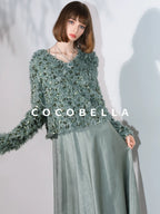 COCOBELLA Sequin Feather Tulle Tweed Inspired Straight Fit V Neck Long Sleeve Teal Shirts