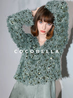 COCOBELLA Sequin Feather Tulle Tweed Inspired Straight Fit V Neck Long Sleeve Teal Shirts